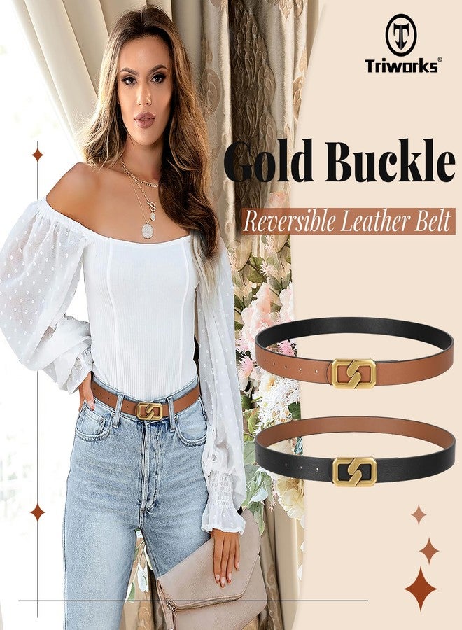TRIWORKS Women Skinny Reversible Leather Belt for Jeans, Ladies Thin Waist Belt with Gold Buckle 0.9" Width, A-Black/Brown - Image 5